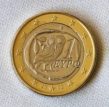 2002 Greece 1 Euro Athenian Owl, BU Brilliant Uncirculated  picture