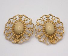 Vintage Les Bernard Clip On Earrings Gold Filigree Oval Taupe Cabochon Stone TLC picture
