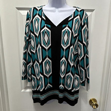 Women’s Susan Graver Black/Teal/White Geometric V-Neck 3/4 Sleeve Knit Top S picture