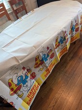 Vintage Smurfs Birthday Paper Table Cover Happy Smurfday 1982 54 x 88 in picture