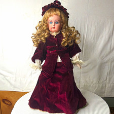 Vintage 1991 Porcelain Girl Doll - Blonde Curly Hair, Blue Eyes, Burgundy Dress picture