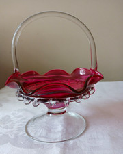 Lovely Antique Cranberry Glass Bowl With Clear Handle, Foot & Applied Decoration picture
