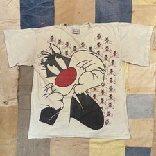 Vtg 90s Looney Tunes Sylvester AOP All Over Print Single Stitch Tee Mens XL Fade picture