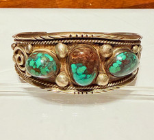 Vintage Ed Kee Navajo Turquoise 3 Stone Cuff Bracelet Signed Native American picture