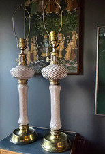 MCM Pair Murano Glass Table Lamps White Brown Swirl Westwood Industries Vintage picture