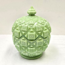 As Is Rare Westmoreland Jadeite Glass Mint Green Old Quilt Lidded Dish Jar picture