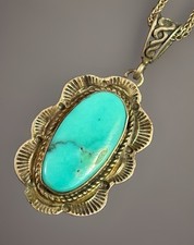 Vintage Native American Hand Stamped Sterling Silver Turquoise Pendant Necklace picture