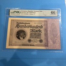 PMG Graded Germany, Republic Treasury Note 100,000 Mark Banknote 1923 pic83a 66 picture