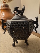 Antique Chinese Foo Dog Bronze Tripod Censer Incense Burner picture