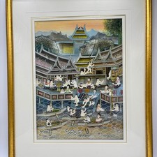 Vintage Thai Painting Traditional Thailand Village Temple River Scene Framed Art picture