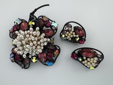 Early Unsigned Brooch Earrings Set Hand Wired Construction Japanned Metal MCM picture
