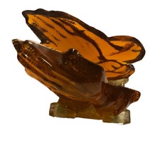Napkin Holder Praying Hands Amber Orange MCM Mail Organizer Religious Suncatcher picture
