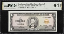 Dominican Republic (LOW SERIAL #000054)  1 PESO ORO 1975 - 1978 (PMG) UNC-64 EPQ picture