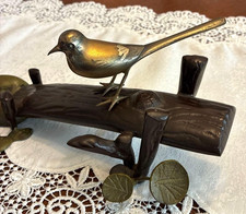 Japanese Takaoka Bronze Wagtail on an Earthen Bridge Small Bird Figurine w/ Box picture