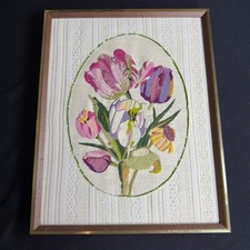 Vintage Crewel Embroidery Floral Tulip Wall Art Framed Lace Trim Cottagecore picture