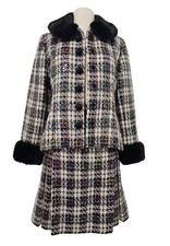 Vintage Tweed Faux Fur Trim Skirt Suit Set Womens M Multicolor picture