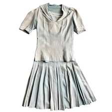 1940s Vintage Blue Cotton Sailor Blouse Pleated Skirt Set Side Snaps Ribbon Trim picture
