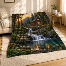 Rustic Log Cabin Waterfall Pond Coral Fleece Blanket picture