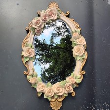 Vintage HOME INTERIORS Oval GOLD PINK ROSES 19 X 11 Shabby Chic WALL MIRROR picture