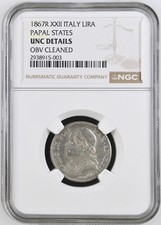 1867-R ITALIAN STATES Silver LIRA NGC UNC Details R XXII PAPAL STATES picture