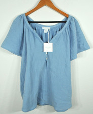 Cynthia Rowley Women’s 1X Blue Gauze Blouse Button V-Neck Short Sleeve NWT picture