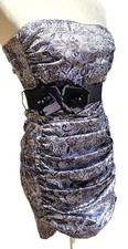 Vintage 2000s Gothic Victorian Damask Print Bodycon Dress w/ Rosette Waist Belt picture