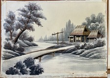 Vtg Japanese Silk Embroidered Landscape River Cabin Trees Unframed 15x11  *READ picture