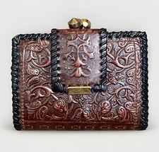 Vintage Handcrafted Tooled Leather Wallet Coin Purse Accordion Kiss Lock Brown picture