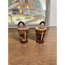 Vintage Brown Ceramic Salt Pepper Shakers Gold Trim Loop Handles Corks 2