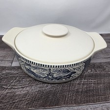 Vintage Currier & Ives Royal China Covered Casserole White Lid Tab Handles RARE  picture
