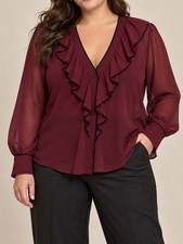 NWT Torrid Chiffon Ruffle V-Neck Button-Up Blouse Preppy Career Burgundy 1X picture