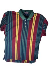 Vtg Roundtree & Yorke Men's L Burgundy/Green/Blue/Yellow Striped Button Polo picture