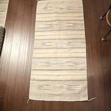 Authentic Vintage Gray, Cream and  Blue  30” X 65” Woven Wool Rug picture