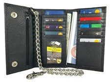 Black Leather Trifold Chain Motorcycle Biker Trucker Long Wallet With Belt Hook picture