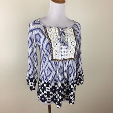 VANESSA VIRGINIA Anthropologie Blue White Tie Collar Boho Shirt Womens sz Small picture