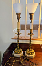 Vintage Stiffel MCM Brass Enamel Hollywood Regency Table Torchiere Lamp Pair picture