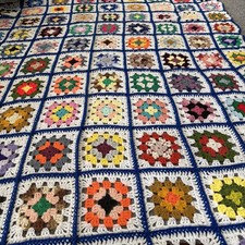Vtg Hand Crocheted Colorful Granny Swuare Afghan Blanket 75” By 65” Perfect Cond picture
