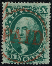 GEM 1859, 10¢ Green, 35, Red PAID cancel, 2004 APS Cert. (UR Perf tear) picture
