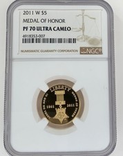 2011 W $5 Medal of Honor - PF 70 ULTRA CAMEO - Stunning deep black mirror-proof picture