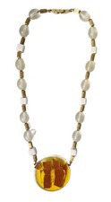 Vintage Signed MONET Lucite Statement Necklace Yellow Foil Pendant Frosted Beads picture