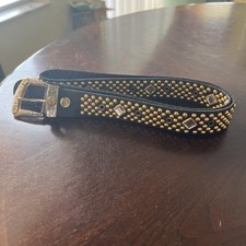 Vtg 80s Black & Gold Leather Studded Rhinestone Belt Sand Castle 42” XL picture