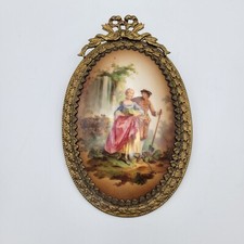 Antique Porcelain Miniature Hand painted Plaque Bezel Set Brass Frame Bow Top picture