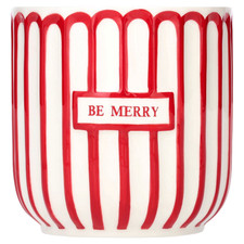 NEW Holiday BE MERRY Glossy Ceramic Striped Pot Bowl Christmas Red & White 4.5