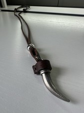 Adjustable Brown Leather Necklace Silver Horn Tusk Pendant Unisex Boho Tribal picture