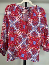 Karen Kane Boho Medallion Print Split Tie Neck Blouse Red Blue picture