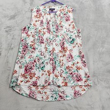 Roaman's Top Womens 20W White Floral Sleeveless Pintuck Tunic Blouse Lightweight picture