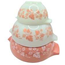 Vintage Pyrex Pink Gooseberry Cinderella Mixing Bowls Set Of 3 USA Milk Glass picture