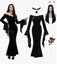 Halloween Costumes Morticia Addams Vintage Gothic Black Long Dress Outfit Women  picture