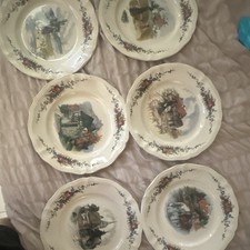 Obernai Sarreguemines Digoin France Ceramic Dinner Plates Village Floral Set 8 picture