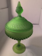 Vintage Indiana Glass Diamond Point Satin Green Covered Compote Candy Dish 12.5